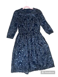 Carmen Marc Valvo Infusion Navy Sequins Cocktail Dress Fit and Flare 3/4 sleeves - Picture 1 of 10