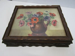 OLD VINTAGE WOOD-WOODEN FLOWER POT SIGNED TRINKET JEWELRY BOX - Picture 1 of 6