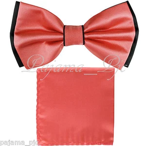 Wedding Black Coral Pre-tied Bow tie and Coral Pocket Square Hankie Two Layers - Picture 1 of 1