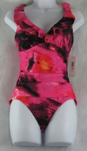 DKNY Women's Ruffle V-Neck One-Piece Swimsuit, Pink Multi, Small - Picture 1 of 2