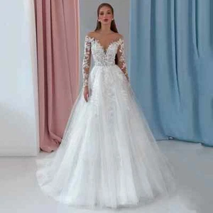 Shiny Wedding Dress V Neck Long Sleeves Lace Applique Glitter Tulle Bridal Gown - Picture 1 of 8