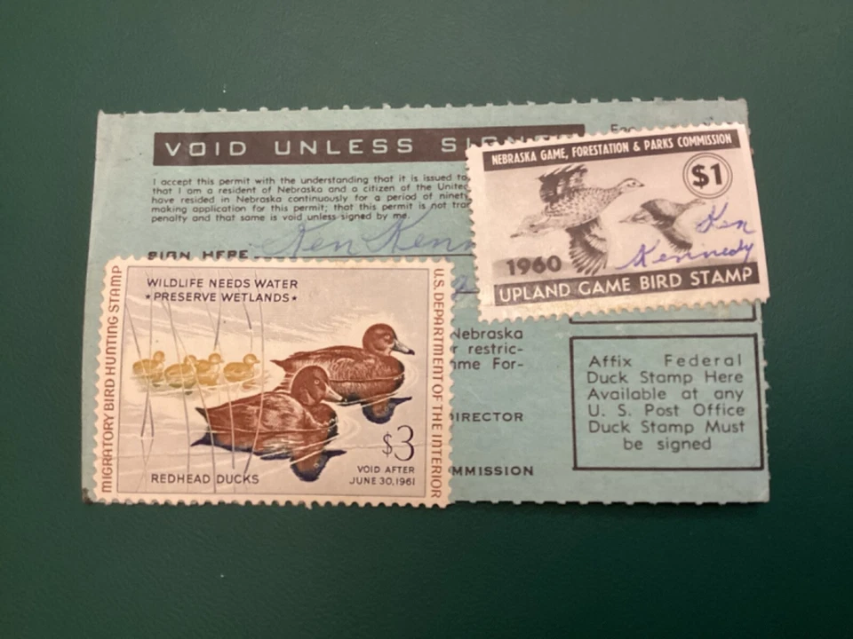 ICOLLECTZONE US RW27 Duck stamp 1960 & Nebraska Hunting stamp on license fresh - Image 1 of 1