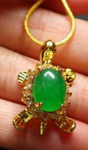 Genuine Ice Green Jade Cabochon Cubic Zirconia Turtle 18KGP Pendant Necklace - Picture 1 of 8