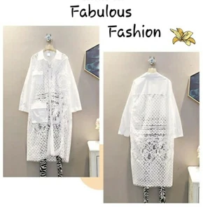 Women's White Lapel Hollow Crochet Long Sleeve Button Down Loose Shirt Dress. OS - Picture 1 of 11