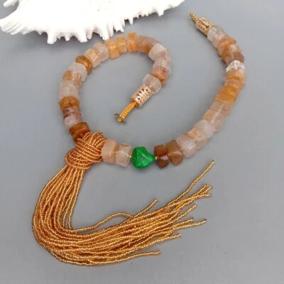 Ожерелье с кисточками 20,5 дюйма натуральный титан золотой кварц зеленая бирюза пластик - Изображение 1 из 4