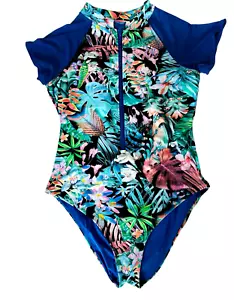 BEBE 1-PIECE SWIMSUIT, BLUE TROPICAL PRINT, SWAROVSKI CRYSTAL LOGO, ZIP, SZ M - Picture 1 of 6