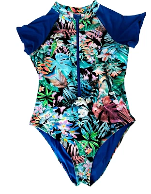 BEBE TRAJE DE BAÑO 1 PIEZA, ESTAMPADO TROPICAL AZUL, LOGOTIPO CRISTAL SWAROVSKI, CREMALLERA, TALLA M Foto 1 de 4