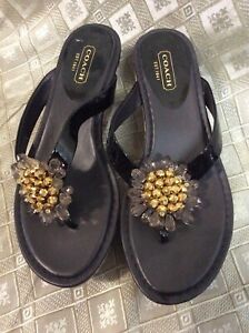 coach wedge flip flops 6 B black patent cold clear bead flower on top Norice  