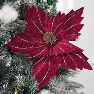6 Pcs 12" Large Glitter Poinsettia Artificial Christmas Flowers with Stems Xm... - Bild 1 von 7