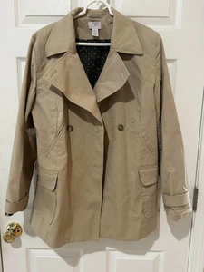 Ann Taylor Loft Women's Mid Length Double Breasted Long Beige Raincoat size L - Picture 1 of 9