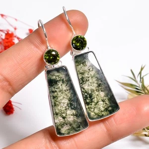 Moosachat Peridot Edelstein Handarbeit Schmuck. 925 Silber Ohrringe 1,8" jk_12821 - Bild 1 von 6