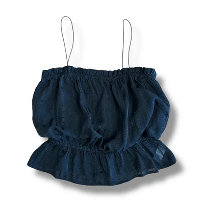 Top cami Lulus negro peplum para mujer pequeño texturizado transparente a rayas dobladillo con volantes Foto 1 de 4