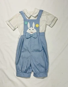Vintage Jayne Copeland Peek A Boo Bunny Blue & White Suspenders Romper 2 Piece - Picture 1 of 20