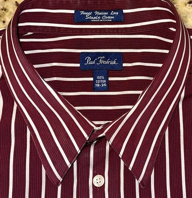 Paul Fredrick Men’s Burgundy & Gray Striped Classic Fit L/S Shirt Size 19 x 35 - Image 1 of 4