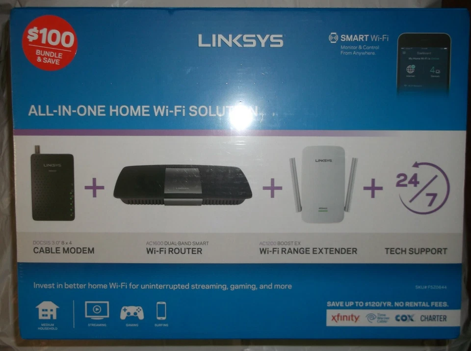 NIB Linksys F5Z0644 All-in-One Home Wi-Fi Bundle: Cable Modem Router + Extender - Image 1 of 4