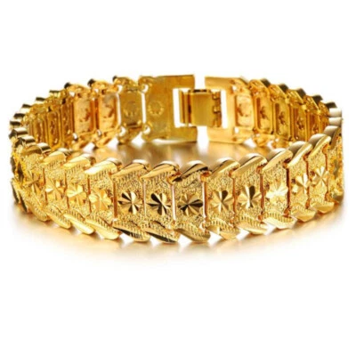 Мужской модный браслет из желтого золота 18 карат с резьбой по запястью звеном 8,05 дюйма - Изображение 1 из 4