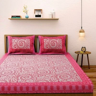 Beautiful Bedsheet Cotton Fabric Queen Size With 2 Pillow Cover Handmade Indian  - Image 1 of 2