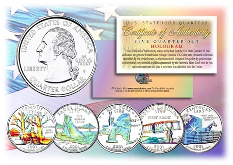 2001 HOLOGRAM U.S. MINT STATE QUARTERS * Complete Set of 5 Coins * with Capsules Cover