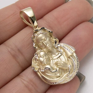 1 3/4" Diamond-Cut Lady Guadalupe Baby Jesus Pendant 10K Yellow White Gold - Picture 1 of 6