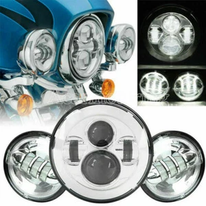 1x 7"Projector LED Headlight +2Pcs Passing Spot Lights For Harley Touring Chrome - Picture 1 of 12