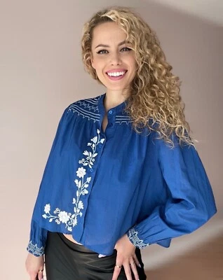 ZARA Blouse Top Medium Cobalt Blue Cotton Embroidered Tunic BNWT - Image 1 of 4