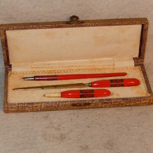 Vintage German Dip Pen Mechanical Pencil Desk Set RED Silver Inlay Letter Opener - Picture 1 of 10