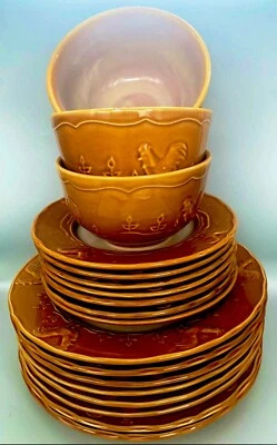 Gibson Gallo Elevado Dorado Marrón Gres Platos 8 Cena 7 Almuerzo 3 Tazones para Sopa Foto 1 de 4