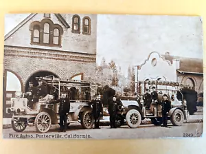 Fire Autos Porterville California 1910 Postcard (Fire Trucks w/ Firemen) Sepia - Picture 1 of 3