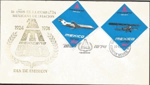 J) 1974 MEXICO, 50 YEARS OF THE MEXICAN AVIATION COMPANY, MULTIPLE STAMPS, FDC  - Picture 1 of 1