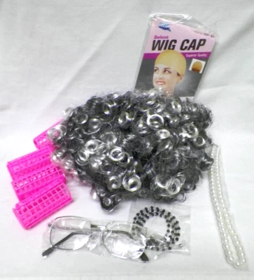 Old Lady Granny Wig and Accessories Set, Pink Curlers, Glasses, Pearls, Wig Cap - Image 1 of 4