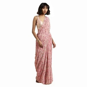 New Womanista Women's Georgette Saree with Blouse (Pink Free Size) - Picture 1 of 3