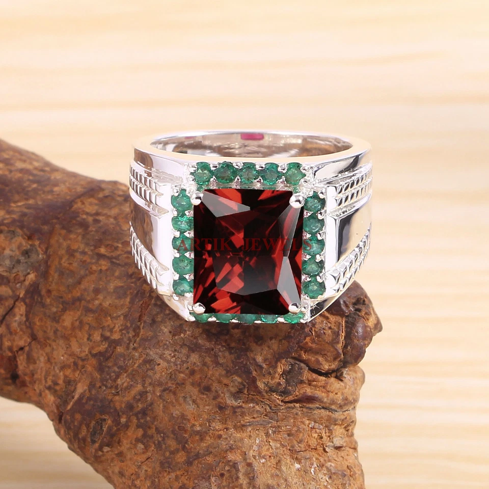 Piedras preciosas de granate natural y ónix verde con anillo de plata de ley 925 para hombre #5809 Foto 1 de 4