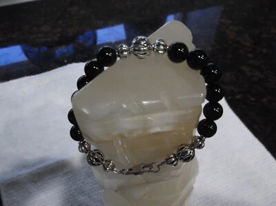 PULSERA HOMBRE HECHA A MANO 8 1/2" 10 MM ÁGATA NEGRA Y CUENTAS PLATA TIBETANA Foto 1 de 4