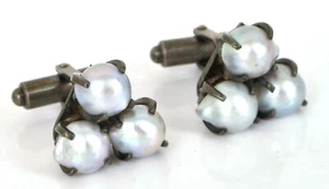 VINTAGE STERLING SILVER TRIPLE NATURAL BLUE COLOR PEARL QUAHOG ? CUFFLINKS RARE - Picture 1 of 2