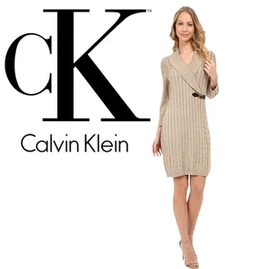 Calvin Klein Womens Cable Knit Sweater Dress Size L Belt Accent Tan Beige - Picture 1 of 12