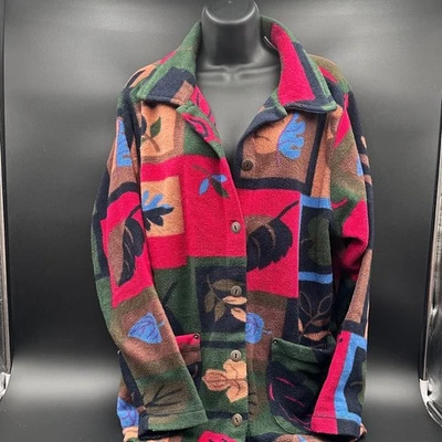 Винтажная флисовая куртка Blair на пуговицах с листьями осень осень печать многоцветная средний размер - Изображение 1 из 4