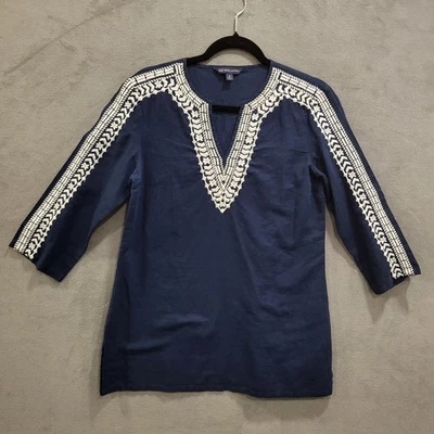 Brooks Brothers 346 Linen Embroidered Tunic Top  Womens Size M Navy Boho Beach - Image 1 of 4