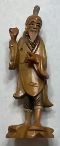 Vintage Wooden Hand Carved Asian Man Figurine Statue 8” Wood Piece - Picture 1 of 6