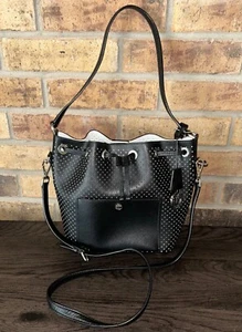 MICHAEL KORS GREENWICH MEDIUM BUCKET BLACK PERFORATED LEATHER EUC - Picture 1 of 15