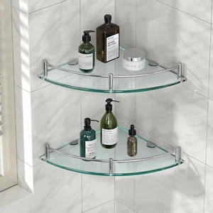 Glass Shower Shelves Caddies Tempered Bathroom Glass Shelf with Rail Wall Mounte - Picture 1 of 8