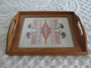 SOUTHWEST Buffalo CROSS STITCH Oak HANDLED TRAY/WALL HANGING - 16" x 12" x 3" - Picture 1 of 5