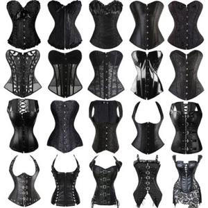 Women Black Overbust Boned Corset Ladies Burlesque Basque Top Lace-Up Costume JH - Picture 1 of 21