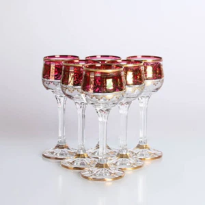 Kristall Glas Trinkgläser Bohemian 6er Set Likör rot golddecor mid century - Bild 1 von 7