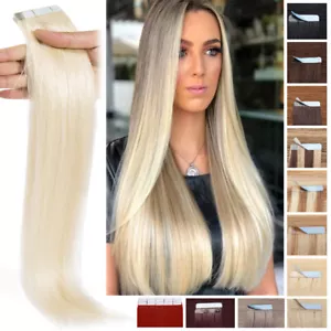 80PCS THICK 100% Human Hair Tape In Real Remy Hair Extensions Full Skin Weft 24" - Picture 1 of 64