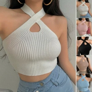Summer Cross Halter Neck Hollow Solid Color Comfortable Cropped Knitted Vest Hot - Picture 1 of 17