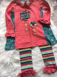 2PC Set Coral Tunic With Flowers Applique/ Ruffle Leggings Size 6 Bonnie Jean  - Bild 1 von 6