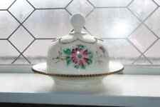 Gorgeous Antique EAPG Milk Glass Butter Dish Hand Painted Flowers 