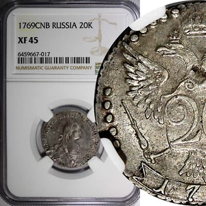 Russland Katharina II Silber 1769 SPB 20 Kopeken Prägestätte - 350.000 NGC XF45 C# 63a.2(7) - Bild 1 von 5