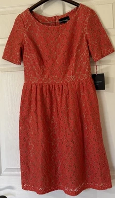 Vestido de Encaje Cynthia Rowley Talla 6 Coral Naranja Tostado Funda Manga Corta Plisado Cintura Foto 1 de 4