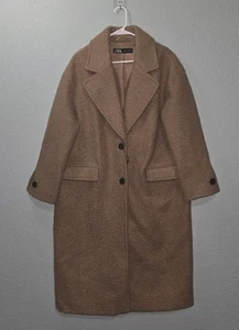 ZARA Long Women Coat Long Oversized Boucle Camel sz L Wool Feel Caramel Brown - Picture 1 of 10